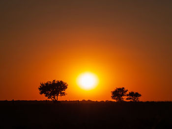 Silhouette trees on field against romantic sky at sunset