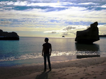 Rear view of silhouette man on beach against sky