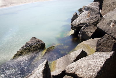 High angle view of rocks on beach