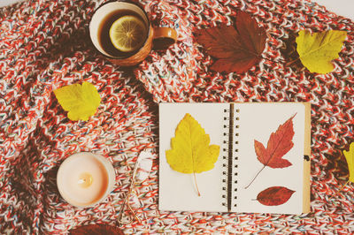 High angle view of coffee cup on table