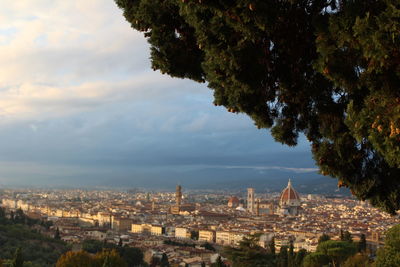 Aerial view of cityscape against cloudy sky