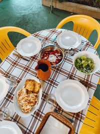 High angle view of breakfast served on table