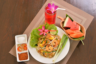 High angle view of food served on table