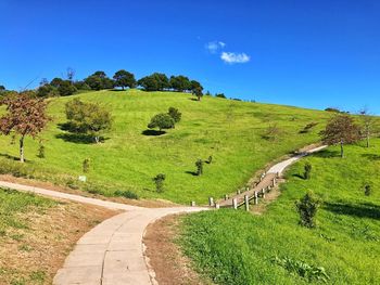 Road amidst green landscape against clear blue sky