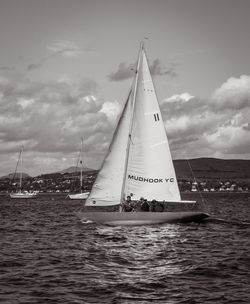 Sailboat sailing on sea against sky