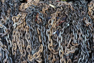 Background of a metal strong chain, top view