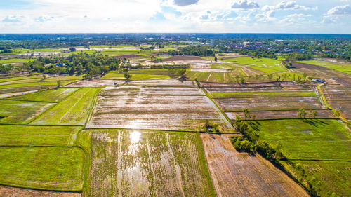 High angle view of agricultural field against sky