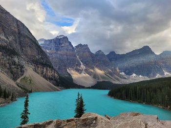 Scenic view of lake against cloudy sky