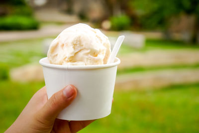 Close-up of hand holding ice cream at park