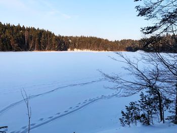 Scenic view of snow covered landscape against sky