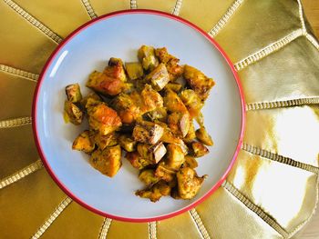 High angle view of food in plate on table