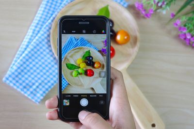 Midsection of person photographing with fruits with smart phone