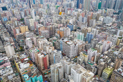 High angle view of modern buildings in city