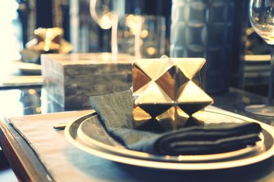 Close-up of tea cup on table in restaurant