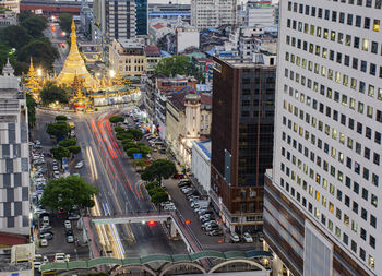 High angle view of city street and buildings