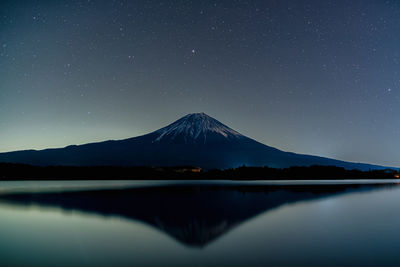Scenic view of snowcapped mountains against sky at night
