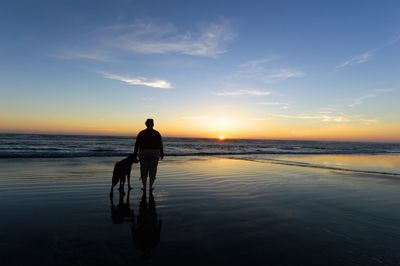 Silhouette man walking on beach against sunset sky