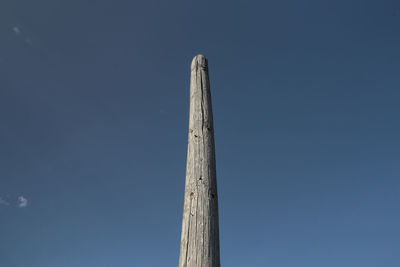 Low angle view of wooden post against clear sky