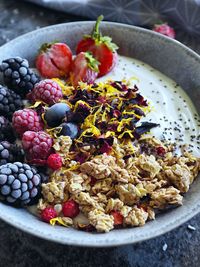 High angle view of breakfast served on table