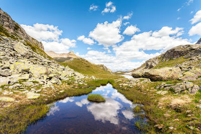 Scenic view of lake and mountains against sky