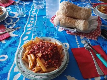 High angle view of food served on table