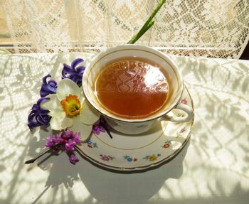 High angle view of tea cup on table