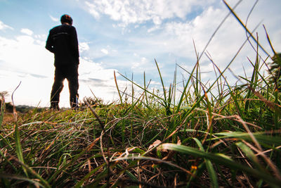 Rear view of man standing on field against sky