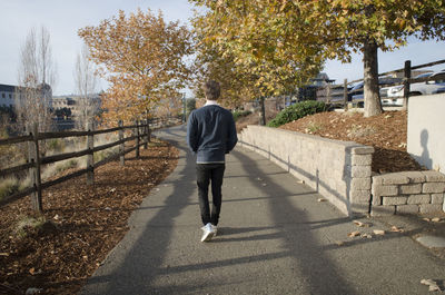 Rear view of man walking on street amidst buildings