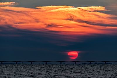 Scenic view of sea against dramatic sky during sunset