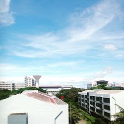 High angle view of buildings against sky