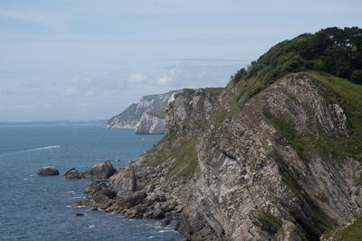 Scenic view of sea and mountains against sky