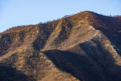 Low angle view of mountain range against clear sky