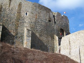 Low angle view of a bird flying over fort against sky