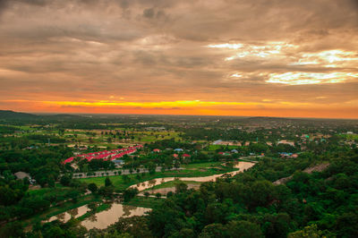 High angle view of townscape against sky during sunset