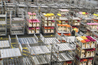 High angle view of multi colore carts in city