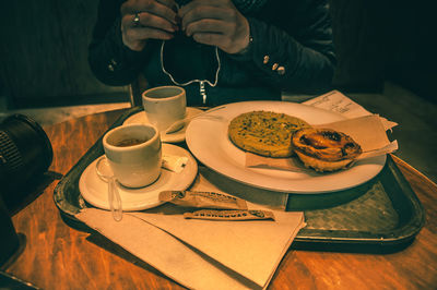 High angle view of breakfast served on table