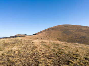 Scenic view of field against clear blue sky