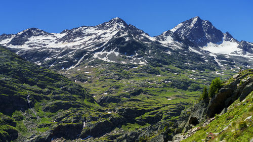 Scenic view of snowcapped mountains against clear sky