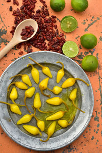 Directly above shot of chili pepper in plate on table