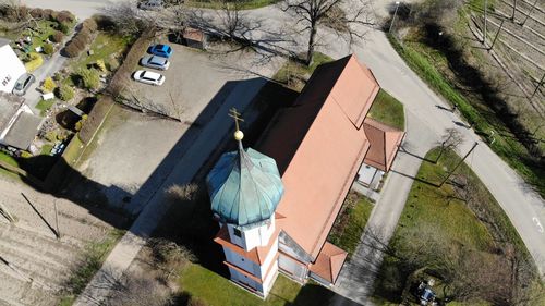 High angle view of buildings in city