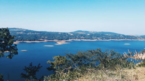 Scenic view of sea against clear blue sky