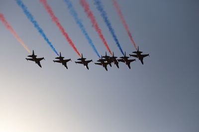 Low angle view of airshow against sky