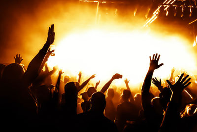 Silhouette people enjoying music concert at night