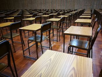 High angle view of empty chairs and tables