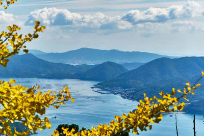 Scenic view of mountains and sea against sky