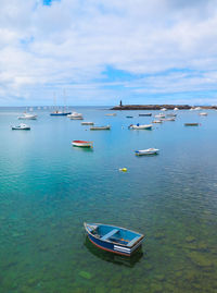 High angle view of boats in calm sea