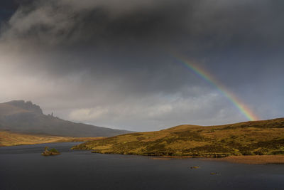 Scenic view of rainbow over mountains against sky