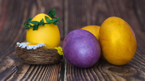 Close-up of fruits in basket on table