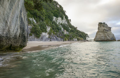 Te hoho rock at a coastal area named cathedral cove