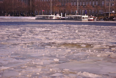 Frozen lake in city during winter